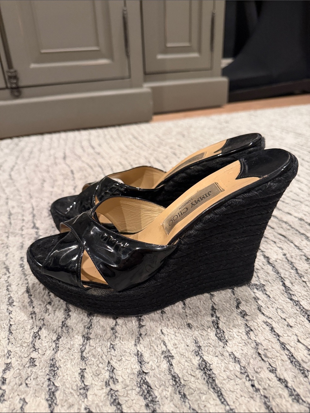 Jimmy Choo Black Patent Espadrille Wedge Sandals
